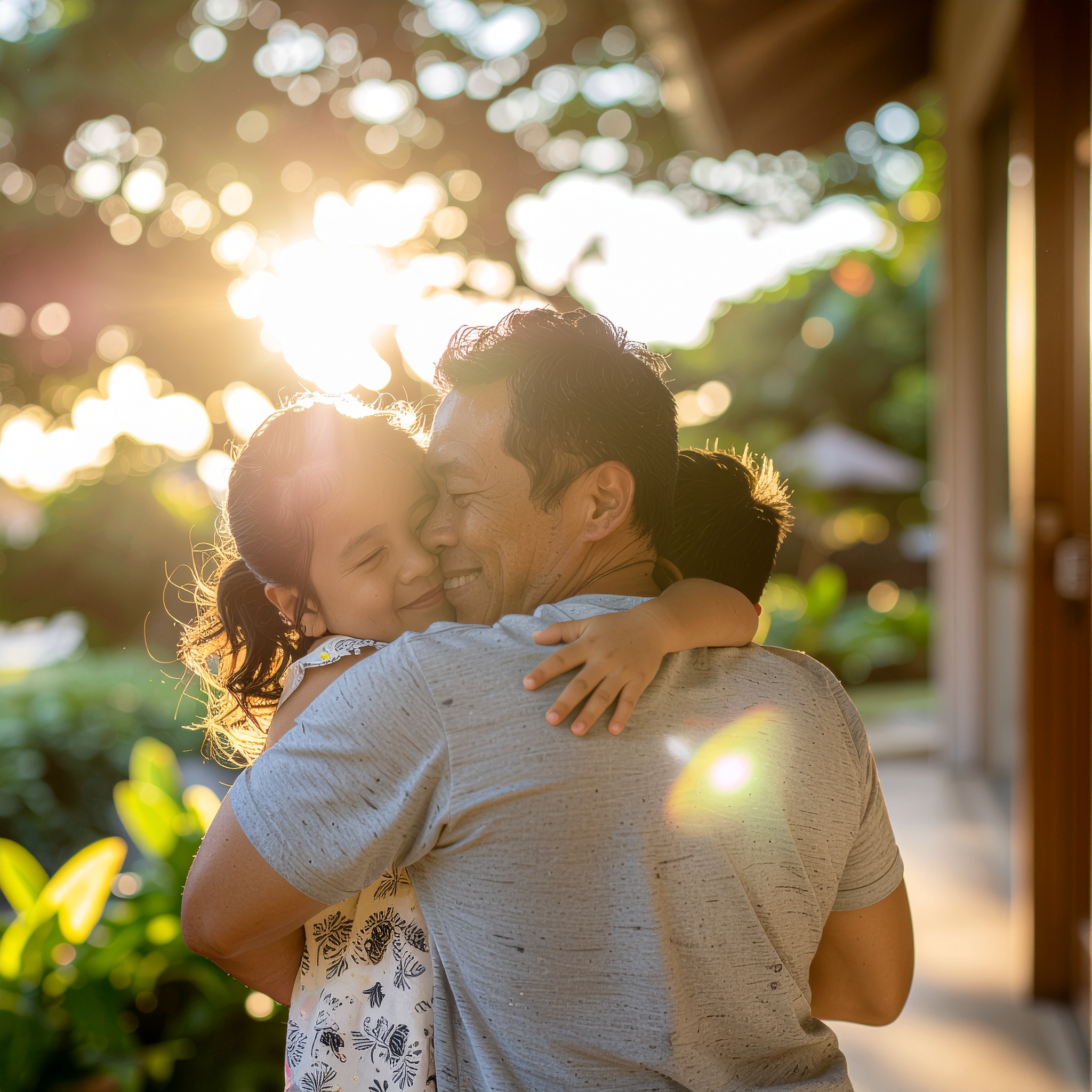 Heartwarming Scene of Father Embracing Children at Sunset